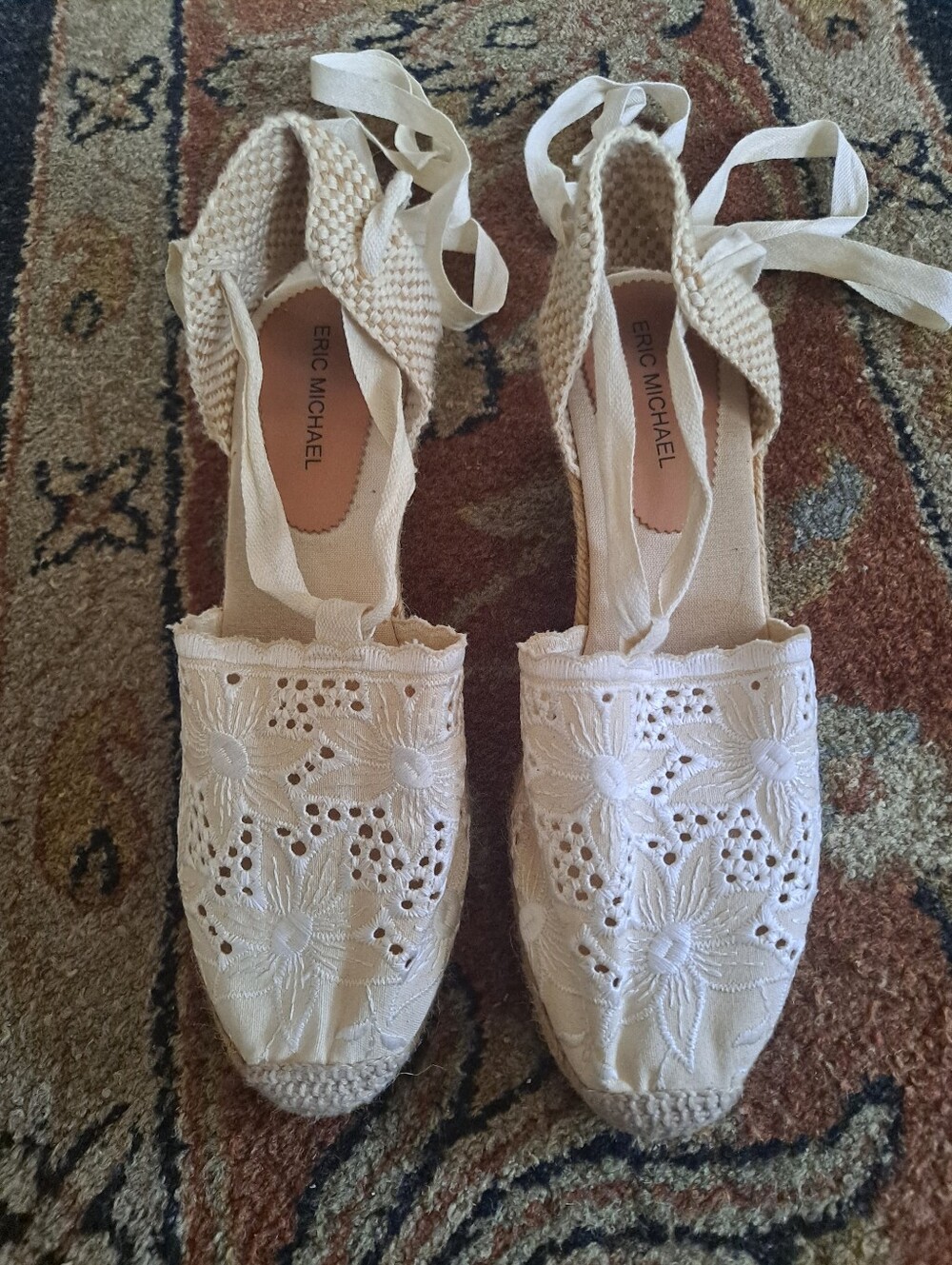 Eric Michael Cream Crochet Lace-Up Espadrille Wedges